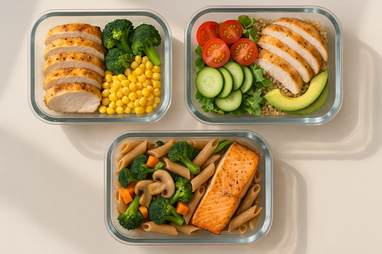 photorealistic top-down view of three meals in glass containers arranged neatly on a table under soft natural light