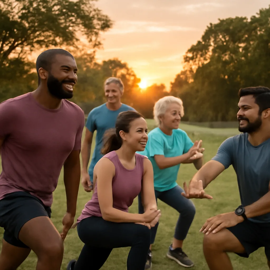 photorealistic image of a group of diverse adults engaging in outdoor fitness activities in a park during sunset