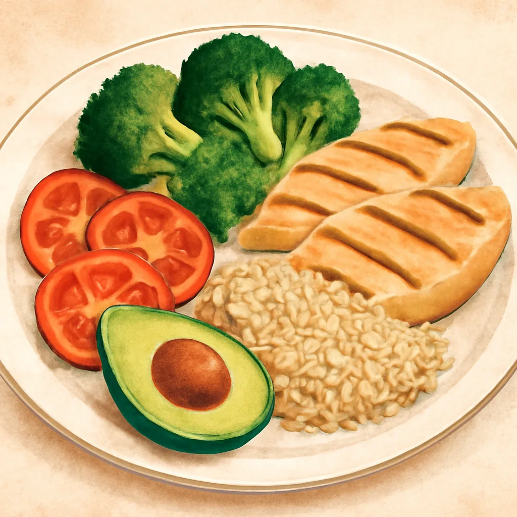 editorial illustration of a balanced meal with protein, vegetables, and healthy fats
