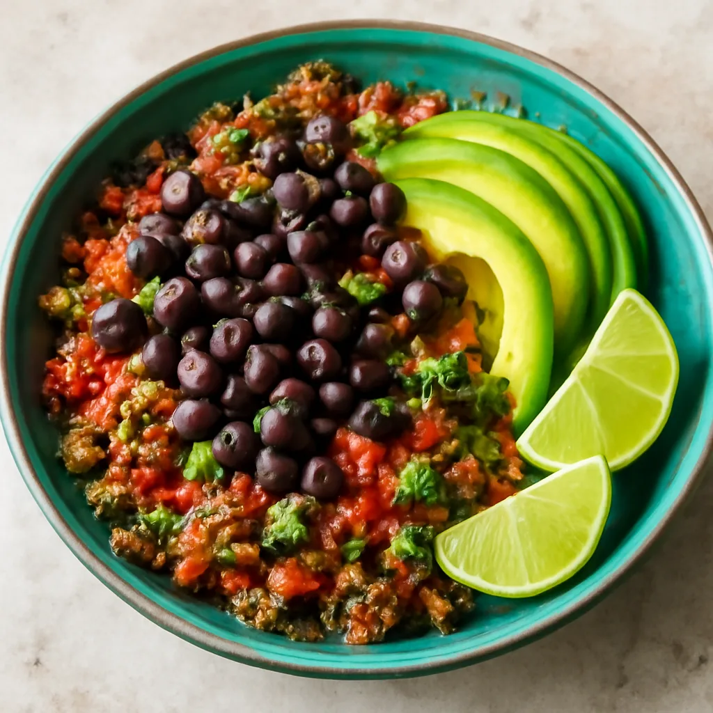 vibrant quinoa and black bean bowl with avocado and lime