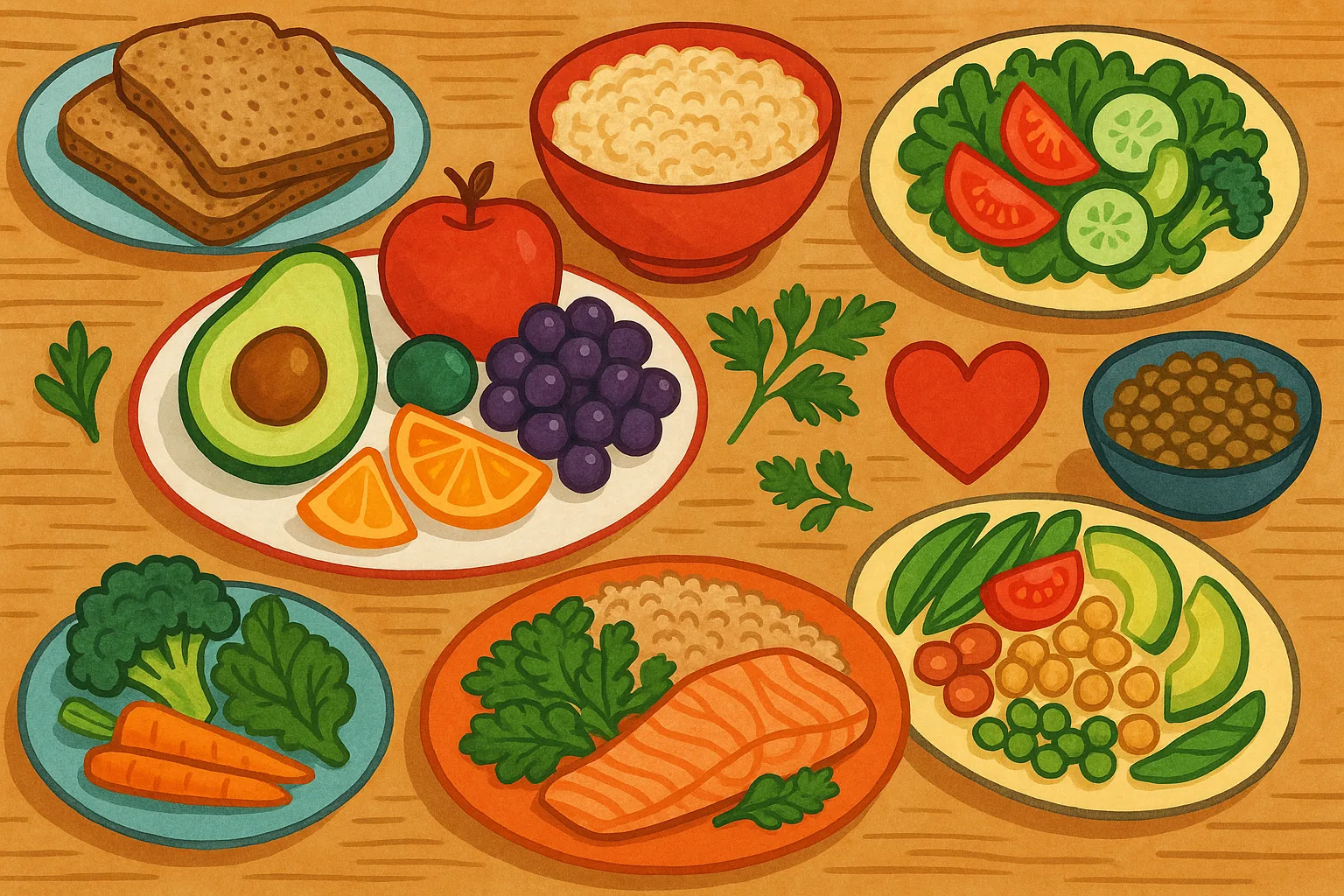 editorial illustration of a table filled with colorful plates of heart-healthy foods, including fruits, vegetables, and 