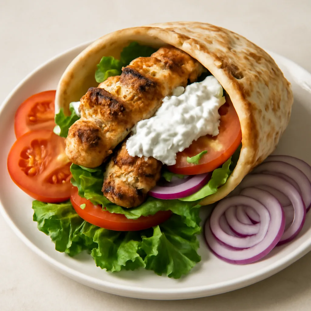 a plate of high-protein chicken souvlaki sandwich with tzatziki and fresh vegetables