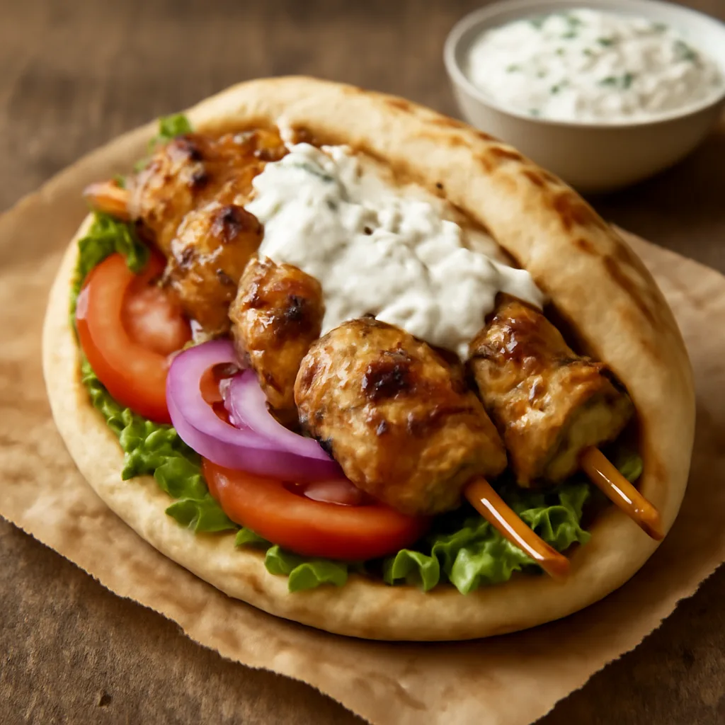 photorealistic image of a delicious chicken souvlaki sandwich with tzatziki sauce