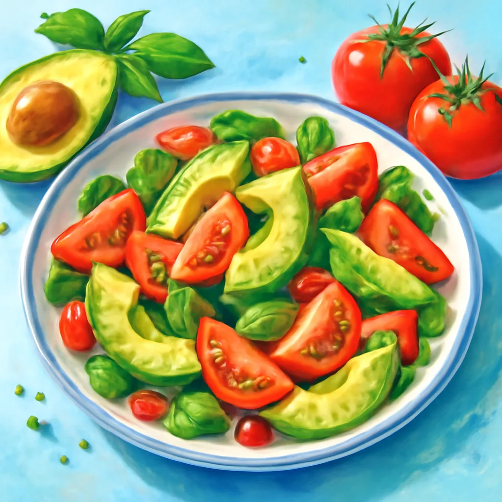 editorial illustration of a healthy avocado and tomato salad, bright colors, fresh ingredients, no people