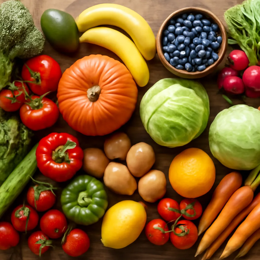 photorealistic overhead view of a variety of fresh fruits and vegetables on a wooden table