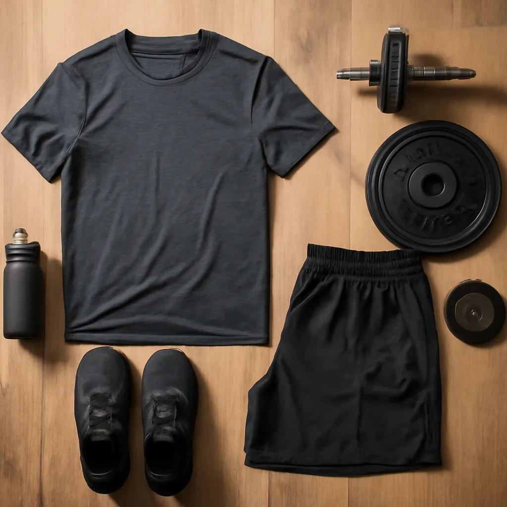photorealistic flat lay of stylish gym apparel on a wooden floor with weights