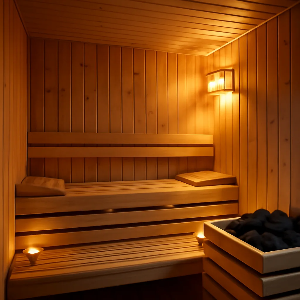 a cozy home sauna interior with soft lighting and wooden benches