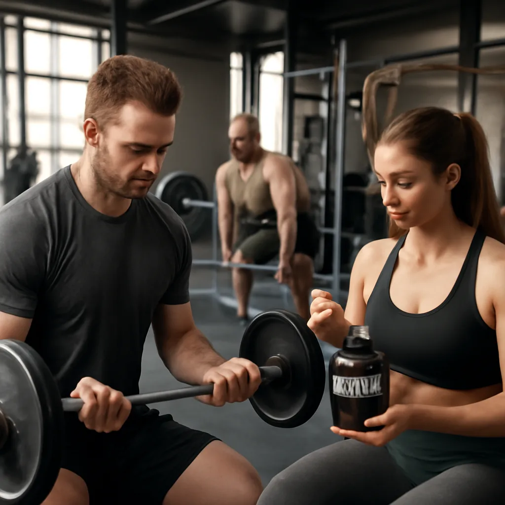 photorealistic view of a gym with people lifting weights and using creatine supplements