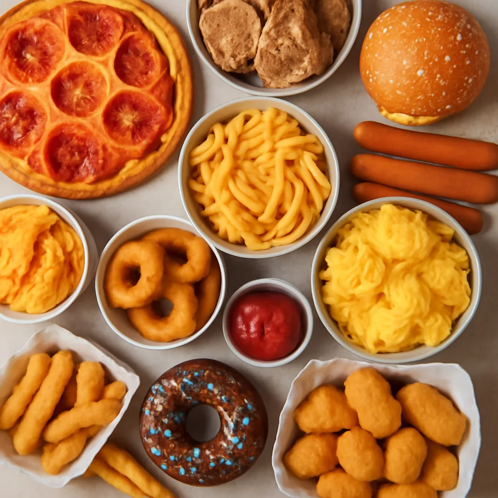 overhead view of a variety of ultra-processed foods on a table