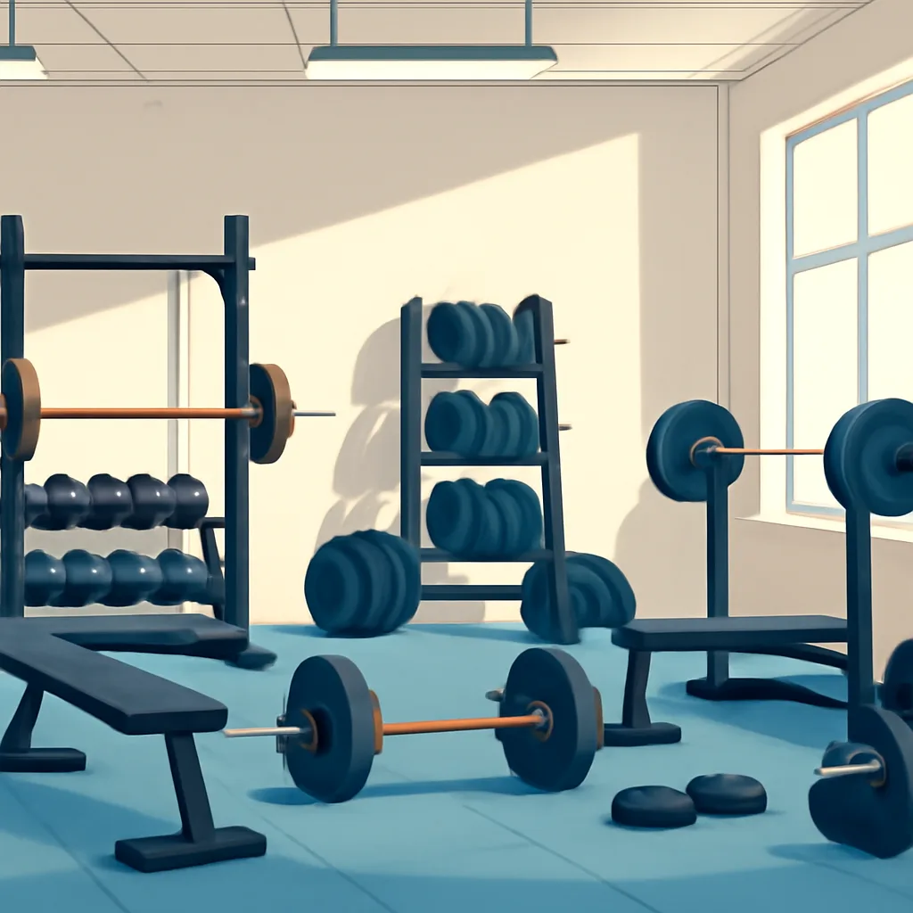 editorial illustration of a gym setting with various strength training equipment, showcasing a well-organized workout ar