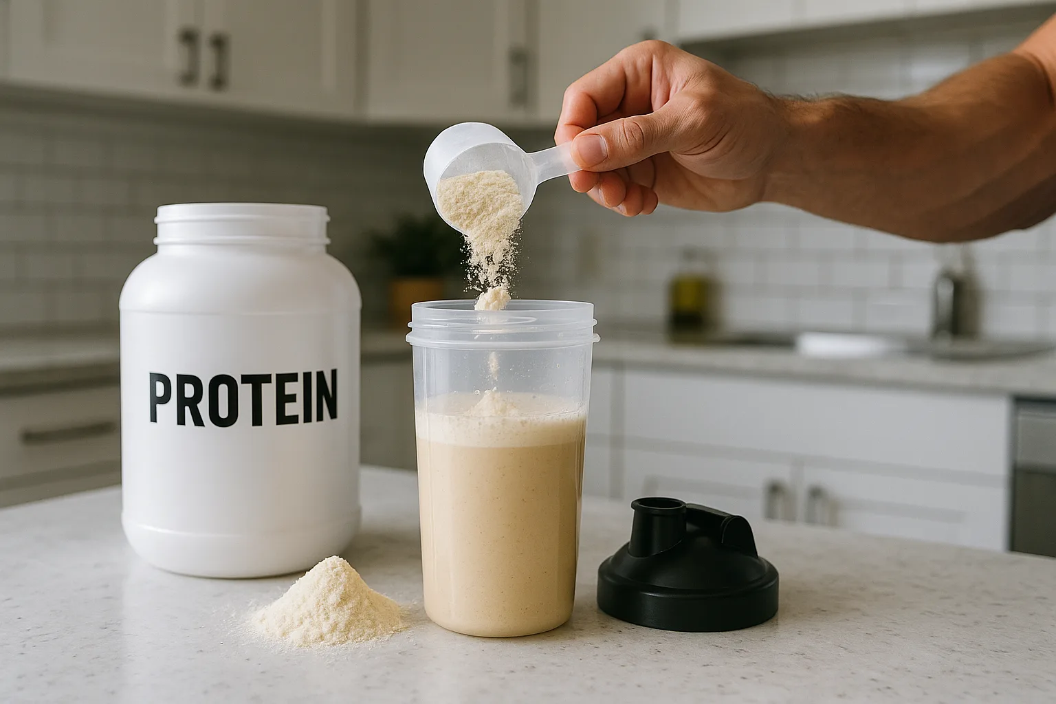 photorealistic image of a protein shake being prepared in a kitchen setting