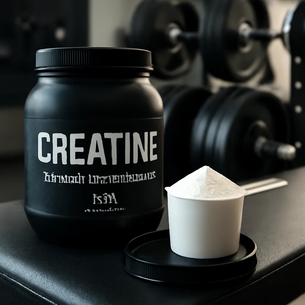 photorealistic image of creatine supplements on a gym bench with weights in the background