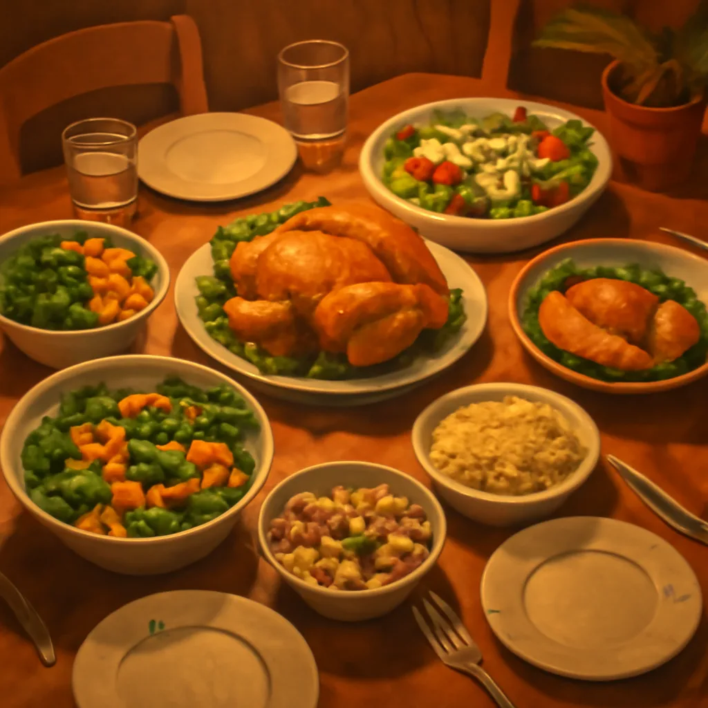 editorial illustration of a healthy dinner table set with various dishes, rich in proteins and vegetables, warm lighting