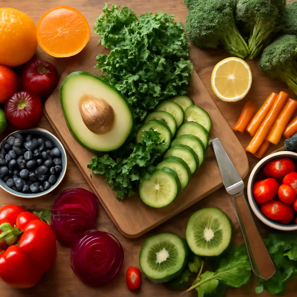 photorealistic top-down view of healthy food preparation with fruits and vegetables arranged beautifully