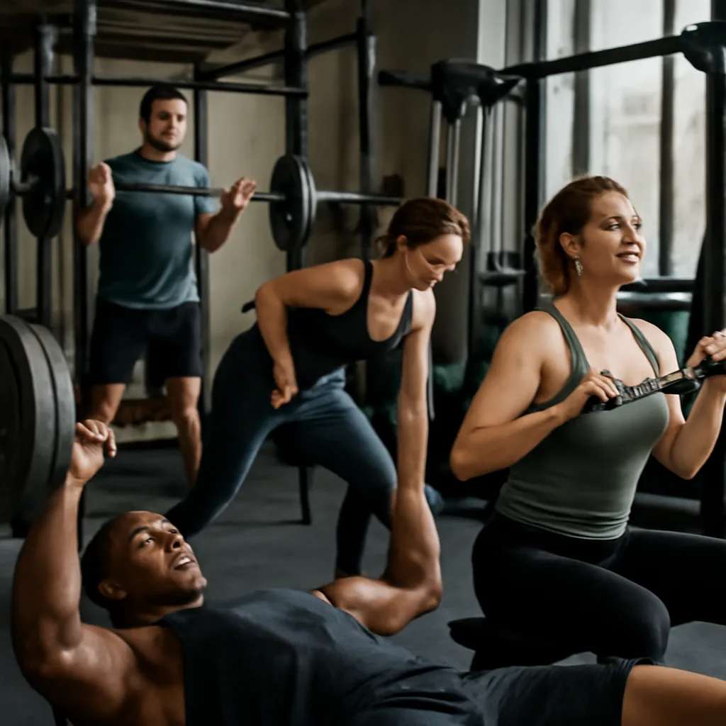 photorealistic gym scene with individuals engaging in various strength training exercises
